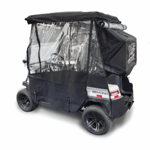 Beyond two Passenger enclosure cover fitted with a golf bag. Plastic cover to put over Bintelli electric motor vehicle to protect from weather