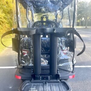 Golf bag holder attachment for a Bintelli brand golf cart. Fits Beyond golf cart and nexus golf carts. On the go golf bag safety. Securely prevents damage to golf course accessories and items