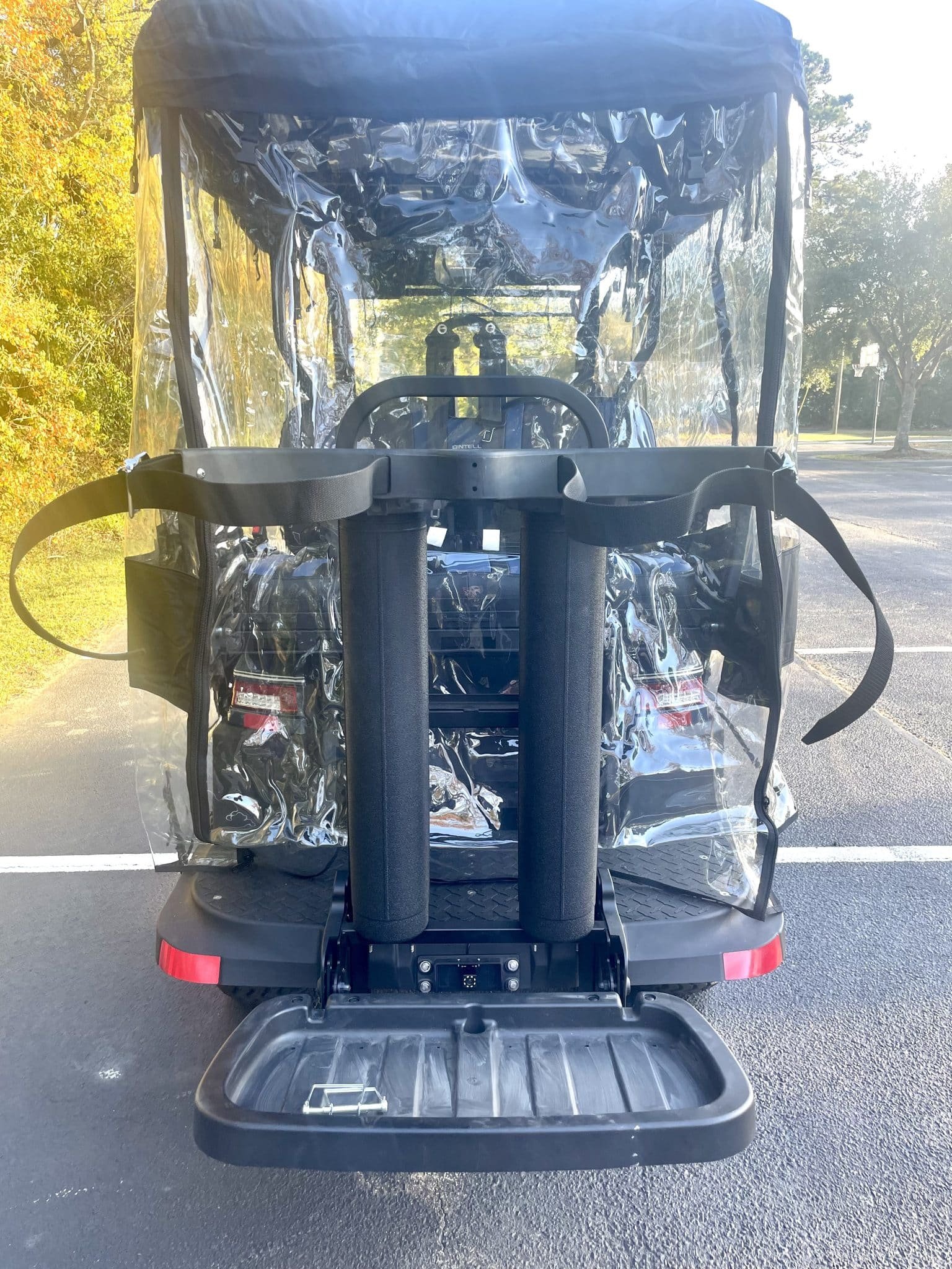 Golf bag holder attachment for a Bintelli brand golf cart. Fits Beyond golf cart and nexus golf carts. On the go golf bag safety. Securely prevents damage to golf course accessories and items
